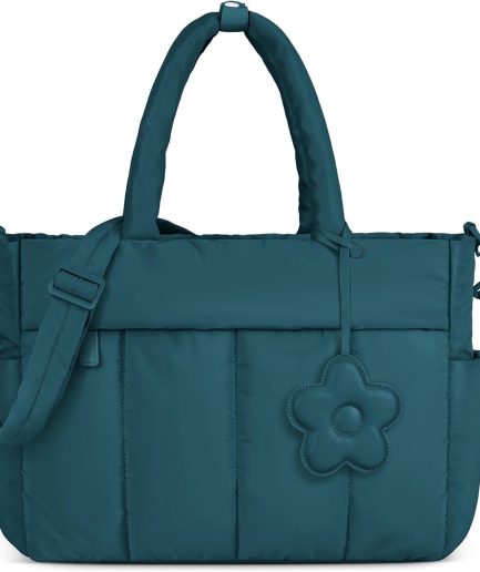 Tote Bag for Women Lightweight Puffer Tote Bag with Compartments and Shoulder Strap Quilted Travel Bag Nurse Shoulder Bag Handbag Carry On Bag for Travel, Work, Green